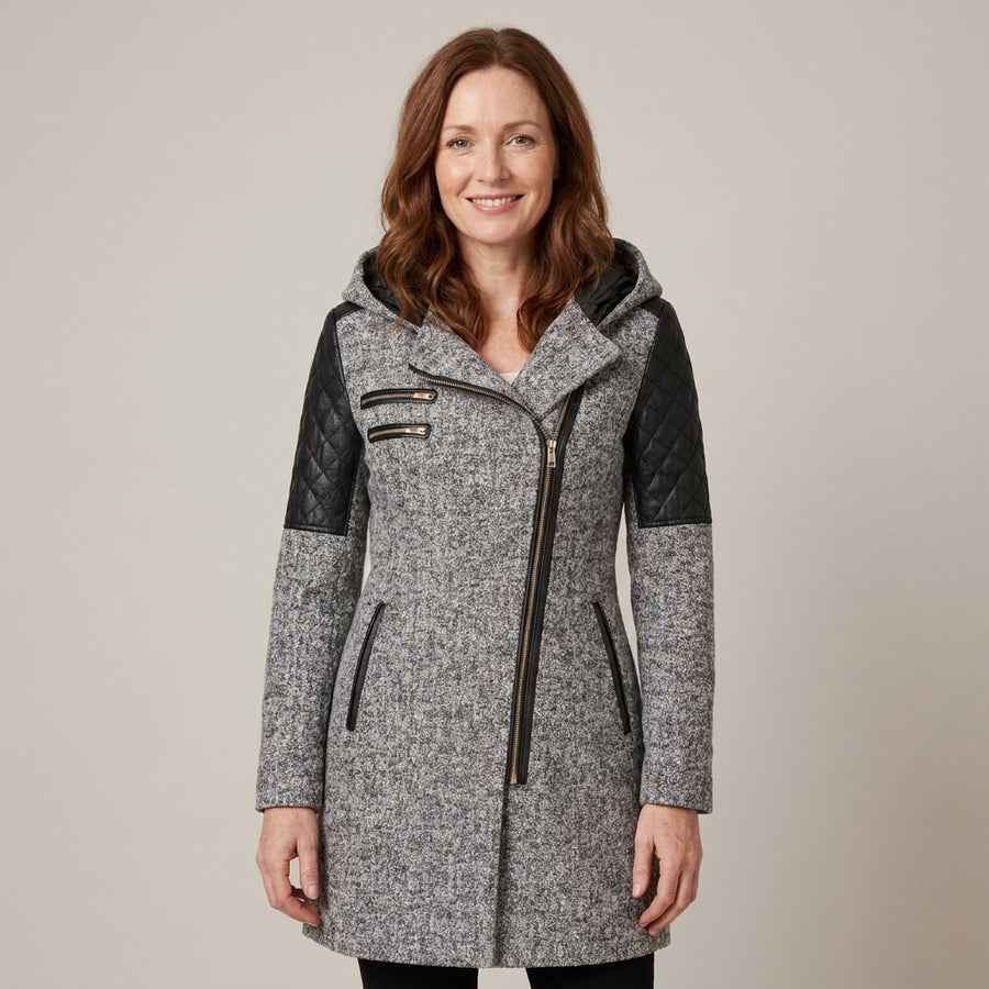 Ladies Hooded Winter Coat with Asymmetric Zip & Quilted Shoulders