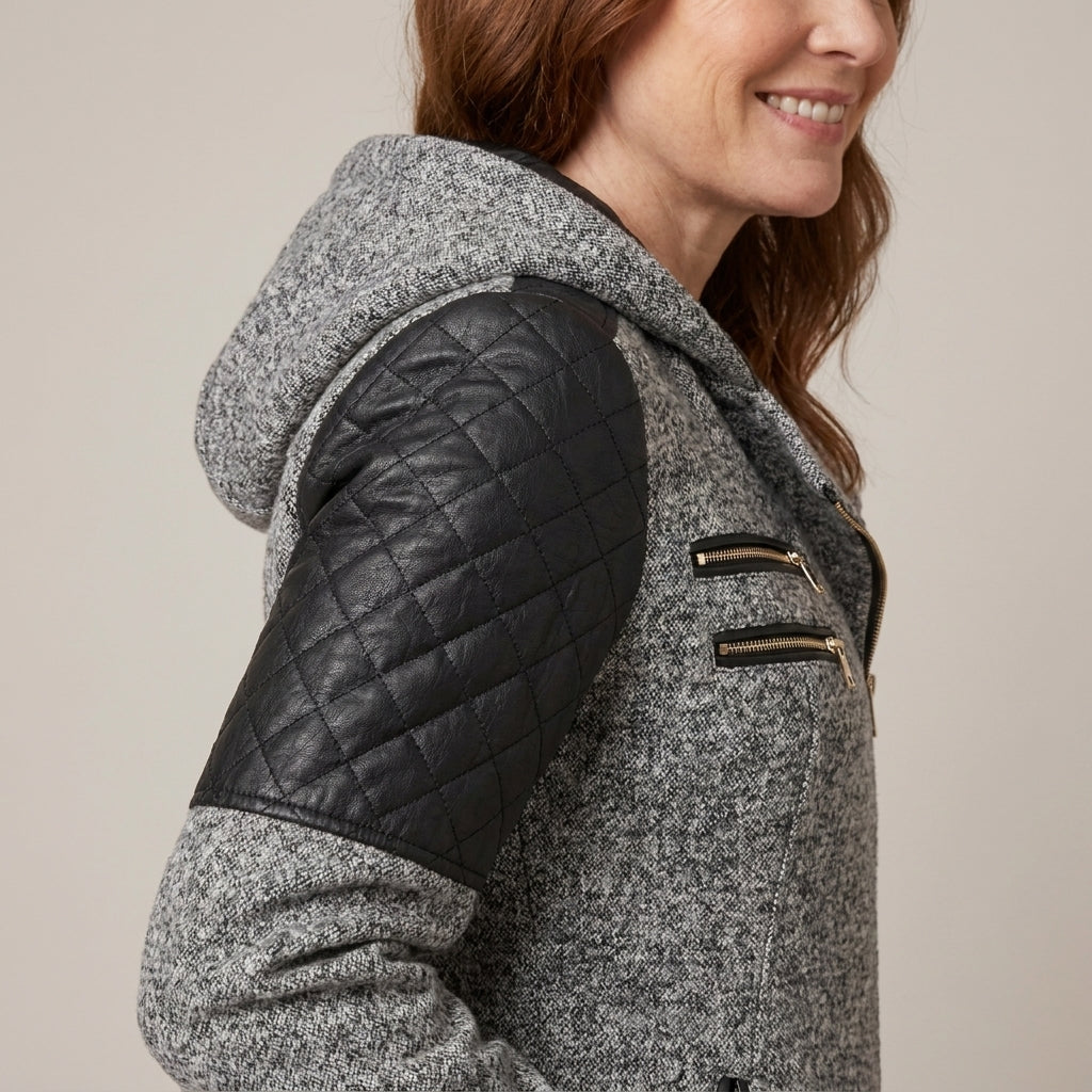 Ladies Hooded Winter Coat with Asymmetric Zip & Quilted Shoulders