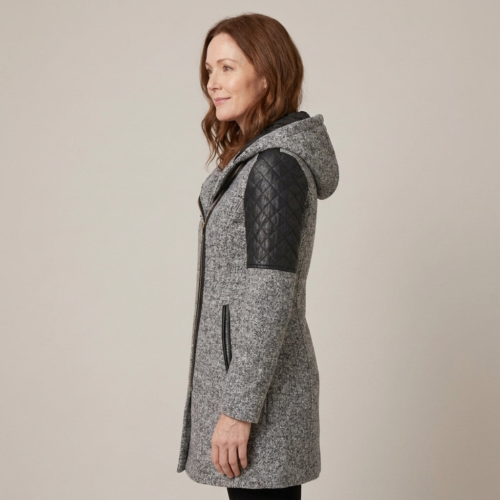 Ladies Hooded Winter Coat with Asymmetric Zip & Quilted Shoulders