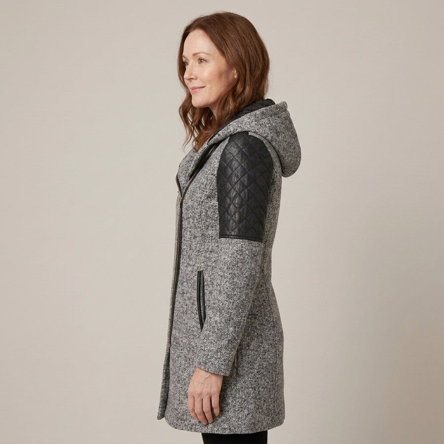 Ladies Hooded Winter Coat with Asymmetric Zip & Quilted Shoulders