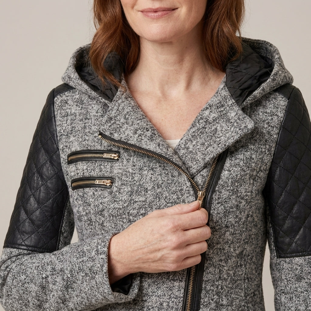 Ladies Hooded Winter Coat with Asymmetric Zip & Quilted Shoulders