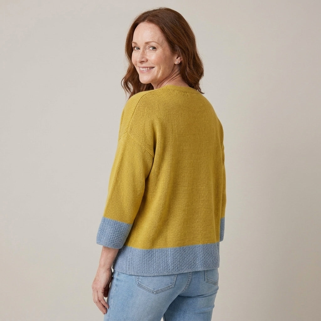 Ladies Mustard Yellow Colour Block Cardigan with 3/4 Sleeves