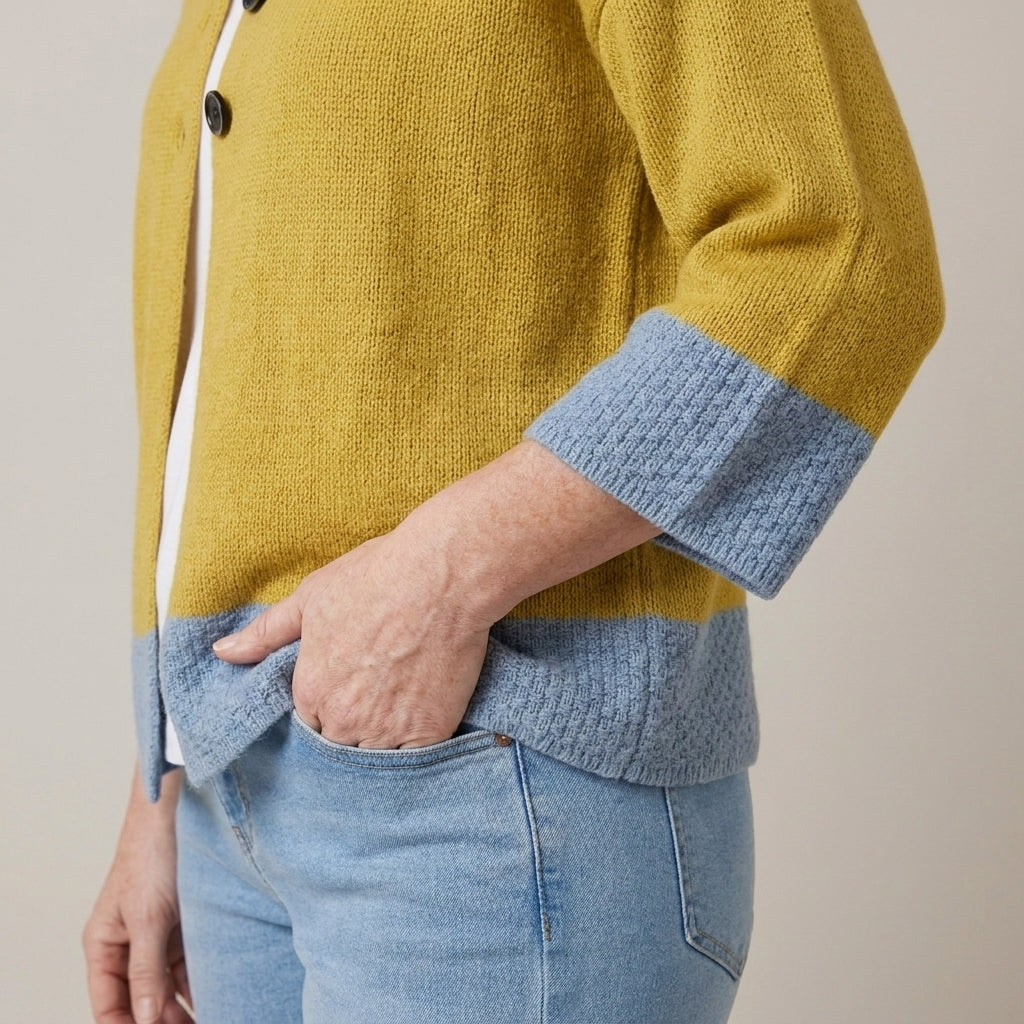 Ladies Mustard Yellow Colour Block Cardigan with 3/4 Sleeves