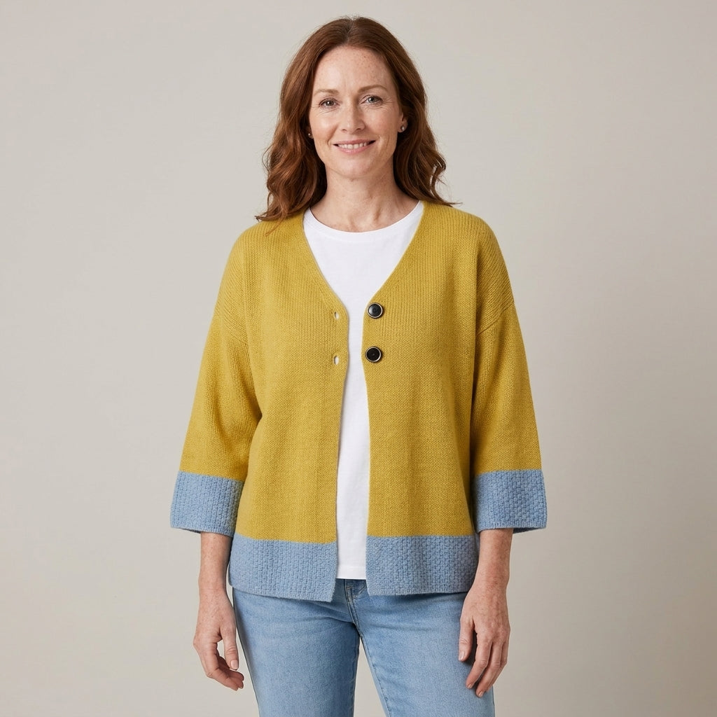Ladies Mustard Yellow Colour Block Cardigan with 3/4 Sleeves