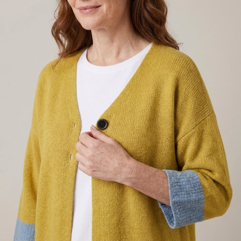 Ladies Mustard Yellow Colour Block Cardigan with 3/4 Sleeves