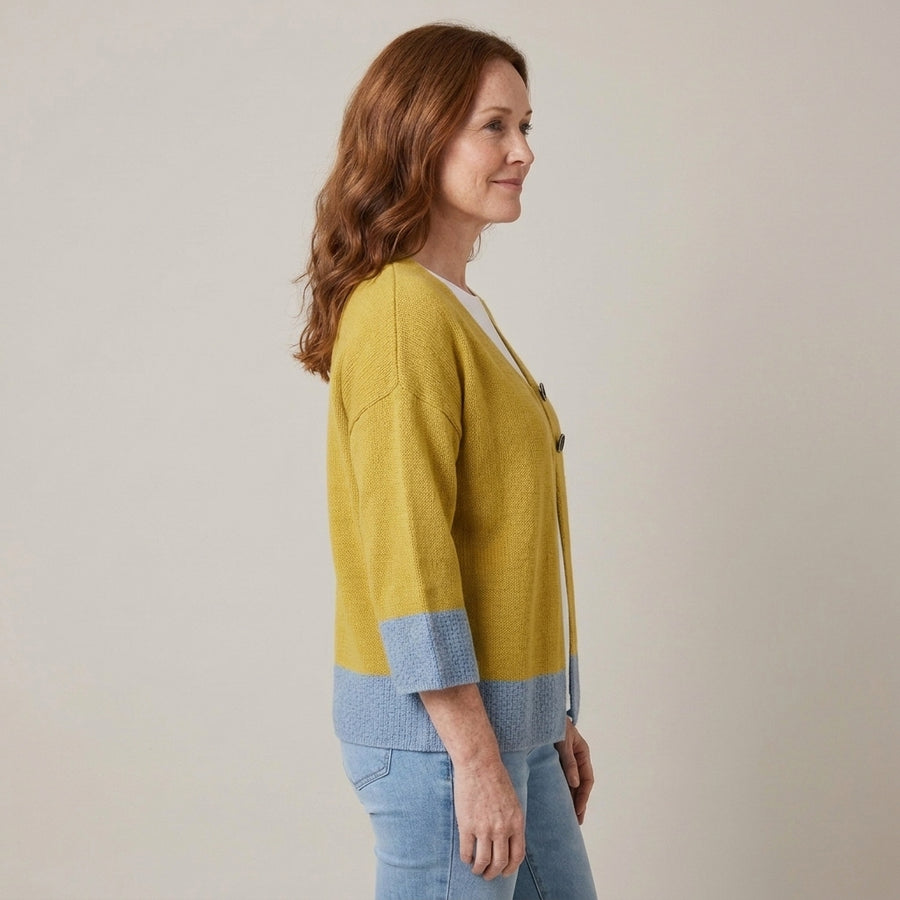 Ladies Mustard Yellow Colour Block Cardigan with 3/4 Sleeves