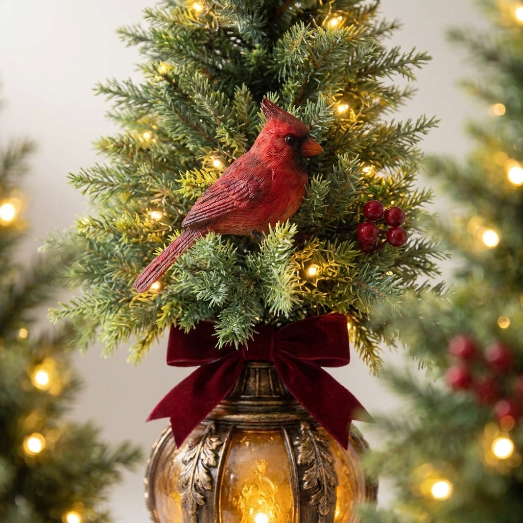 Pre-Lit Christmas Lantern Trees, Set of 2 – LED Tabletop Trees with Red Cardinal Bird, Berries & Gold Star
