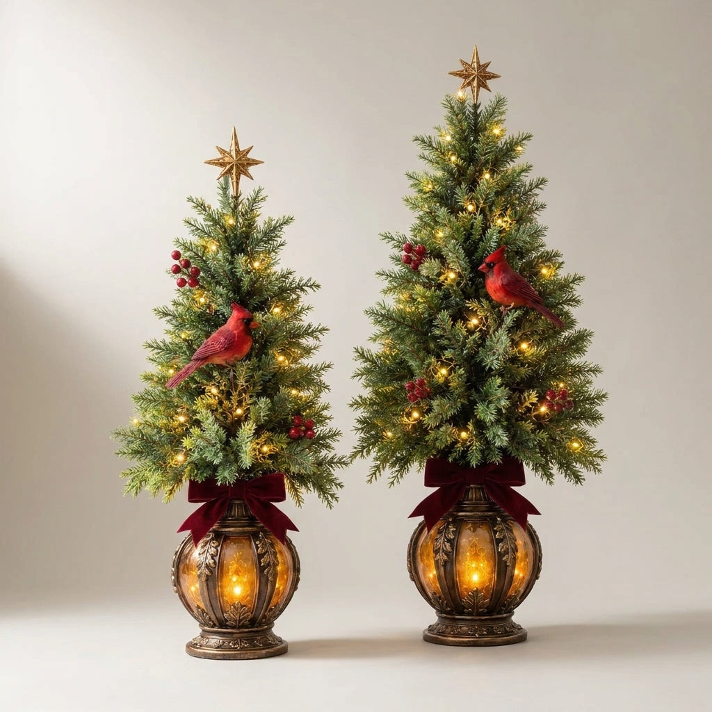 Pre-Lit Christmas Lantern Trees, Set of 2 – LED Tabletop Trees with Red Cardinal Bird, Berries & Gold Star