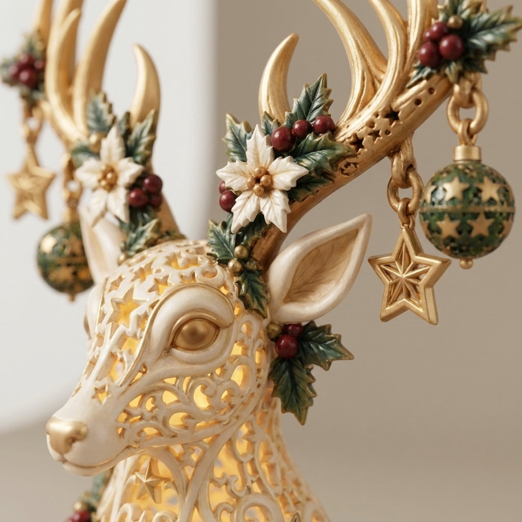 Reindeer Christmas Tea Light Holder – Golden Ivory Stag Head Candle Holder with Star Cut-Outs, Holly & Hanging Baubles