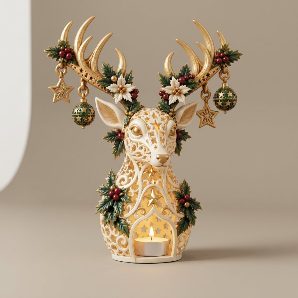 Reindeer Christmas Tea Light Holder – Golden Ivory Stag Head Candle Holder with Star Cut-Outs, Holly & Hanging Baubles
