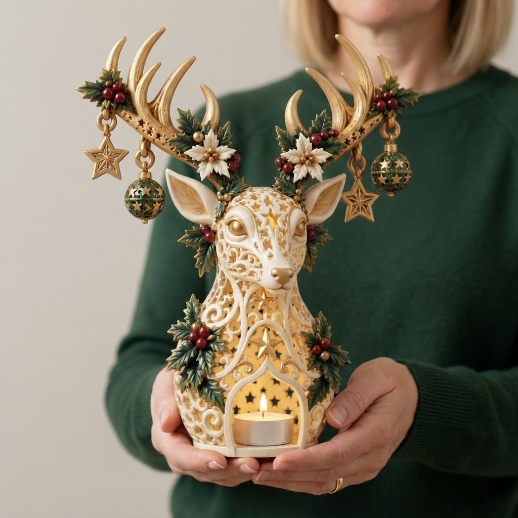Reindeer Christmas Tea Light Holder – Golden Ivory Stag Head Candle Holder with Star Cut-Outs, Holly & Hanging Baubles