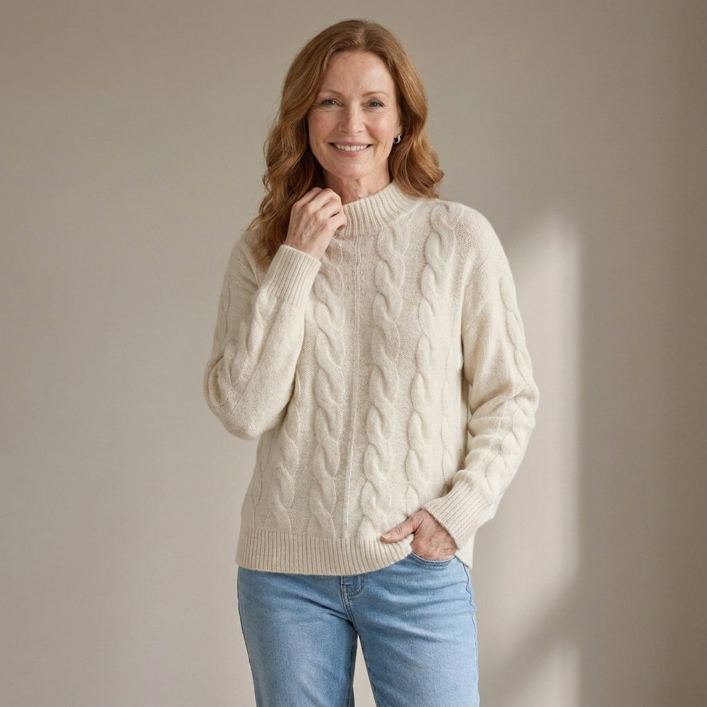 Women's Chunky Cable Knit Jumper, High Neck – Beige