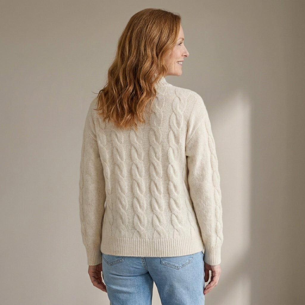Women's Chunky Cable Knit Jumper, High Neck – Beige