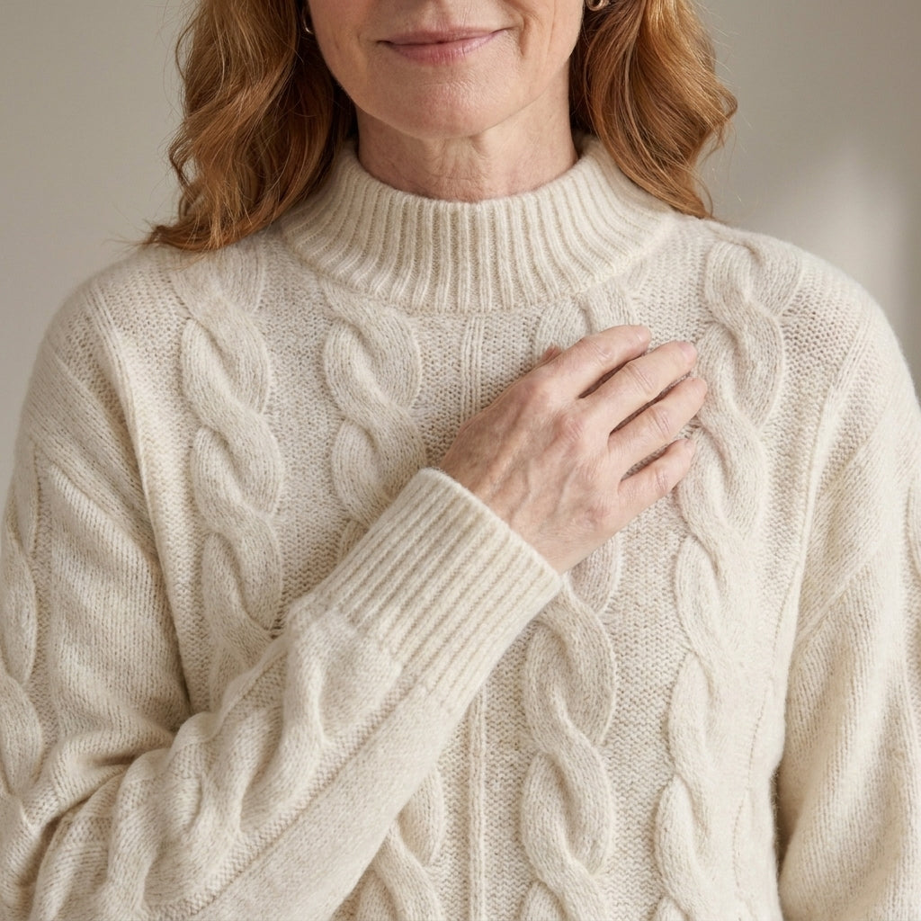 Women's Chunky Cable Knit Jumper, High Neck – Beige