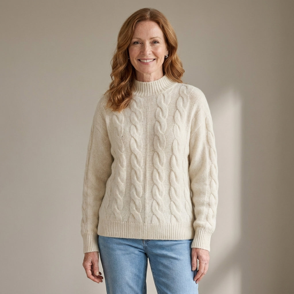 Women's Chunky Cable Knit Jumper, High Neck – Beige