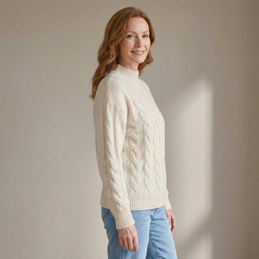 Women's Chunky Cable Knit Jumper, High Neck – Beige