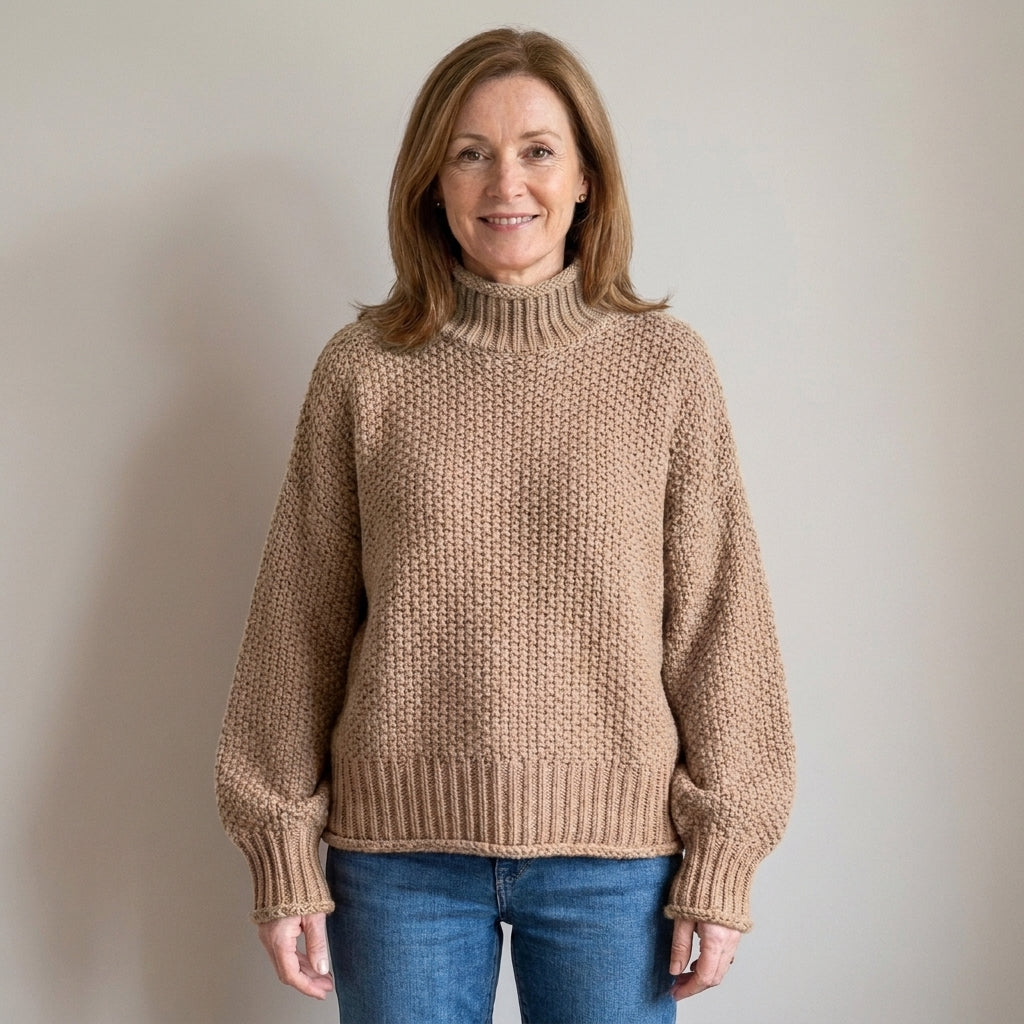Women's Chunky Knit Turtleneck Jumper – Oversized Textured Sweater with Batwing Sleeves