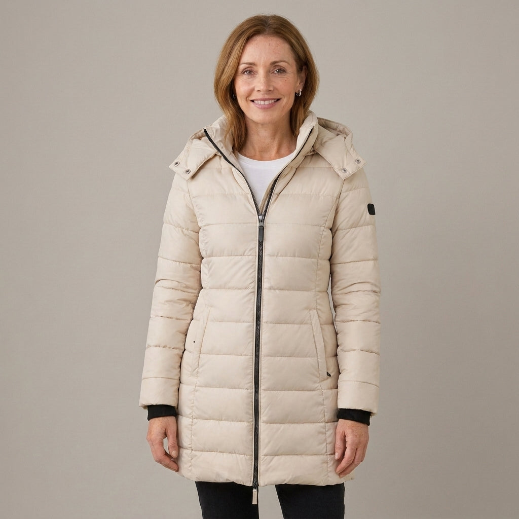 Women's Longline Quilted Puffer Coat with Detachable Hood – Fitted Padded Winter Jacket – Navy