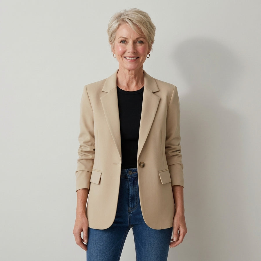 Women's Single Button Blazer, Notched Lapel – Beige