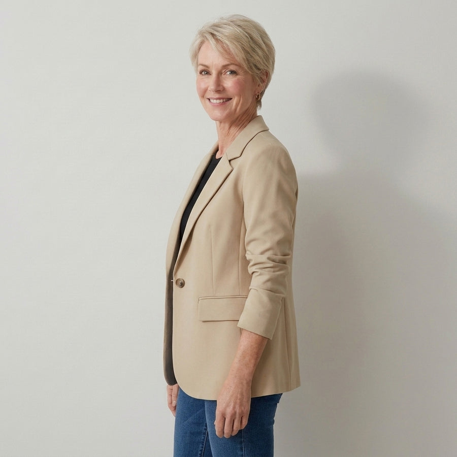 Women's Single Button Blazer, Notched Lapel – Beige