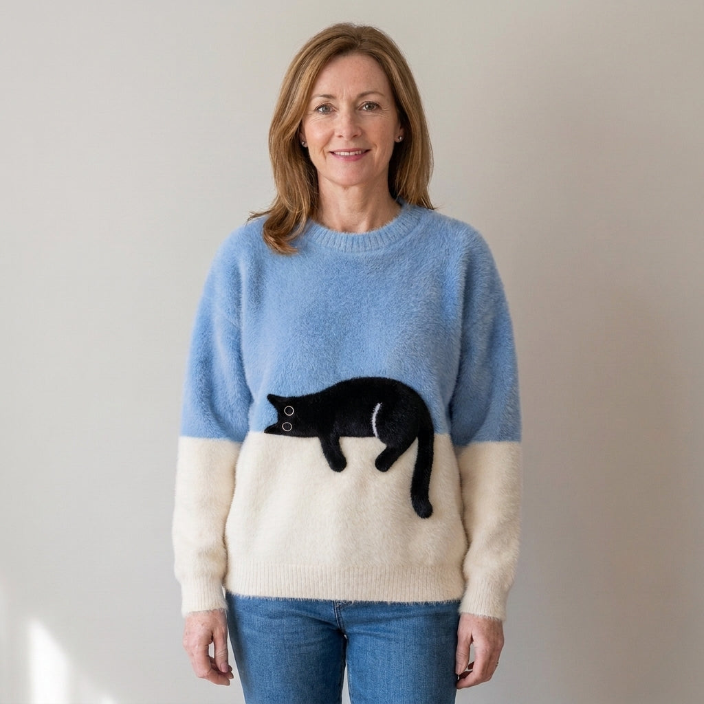 Women's Black Cat Fluffy Jumper – Colour Block Soft Knit Crew Neck Sweater – Orange & Cream