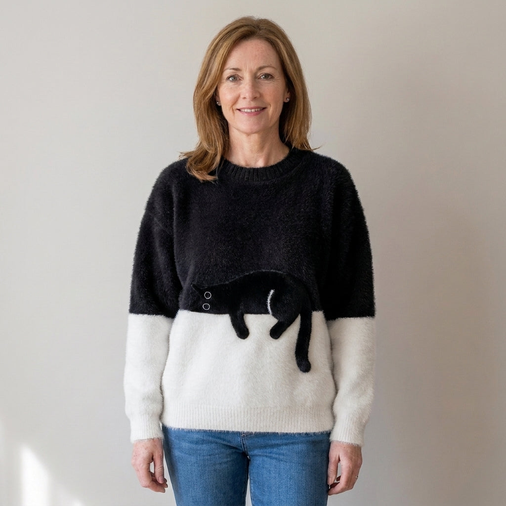 Women's Black Cat Fluffy Jumper – Colour Block Soft Knit Crew Neck Sweater – Orange & Cream