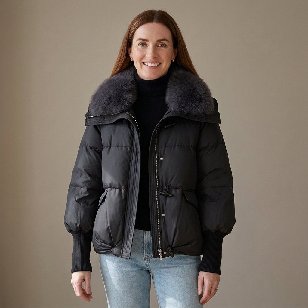 Women's Cropped Puffer Jacket with Faux Fur Collar – Cream