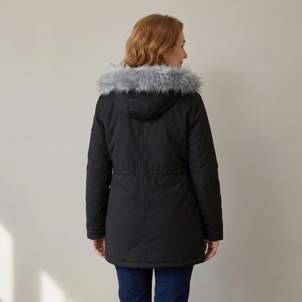 Women's Faux Fur Hooded Winter Parka, Fleece Lined – Black