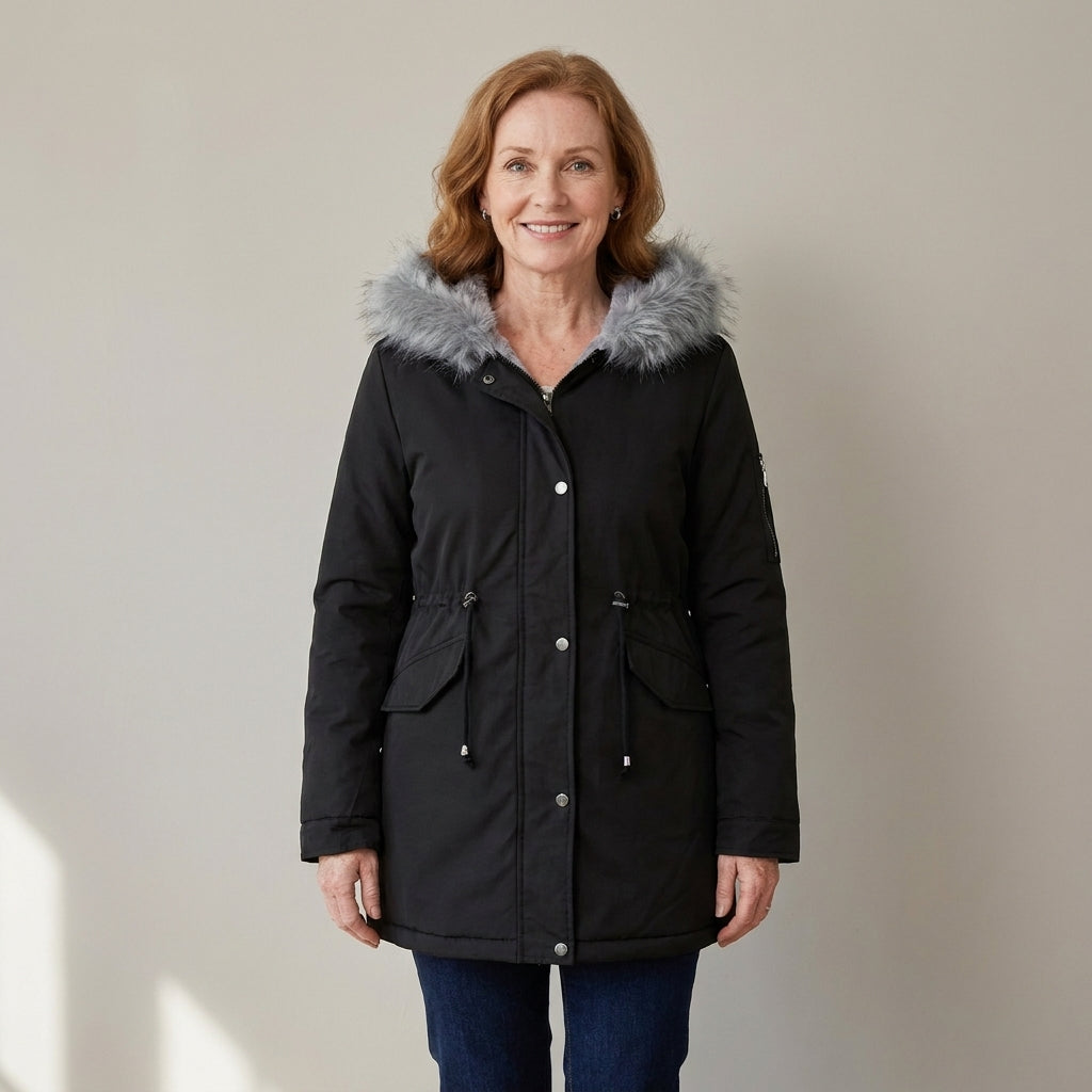 Women's Faux Fur Hooded Winter Parka, Fleece Lined – Black