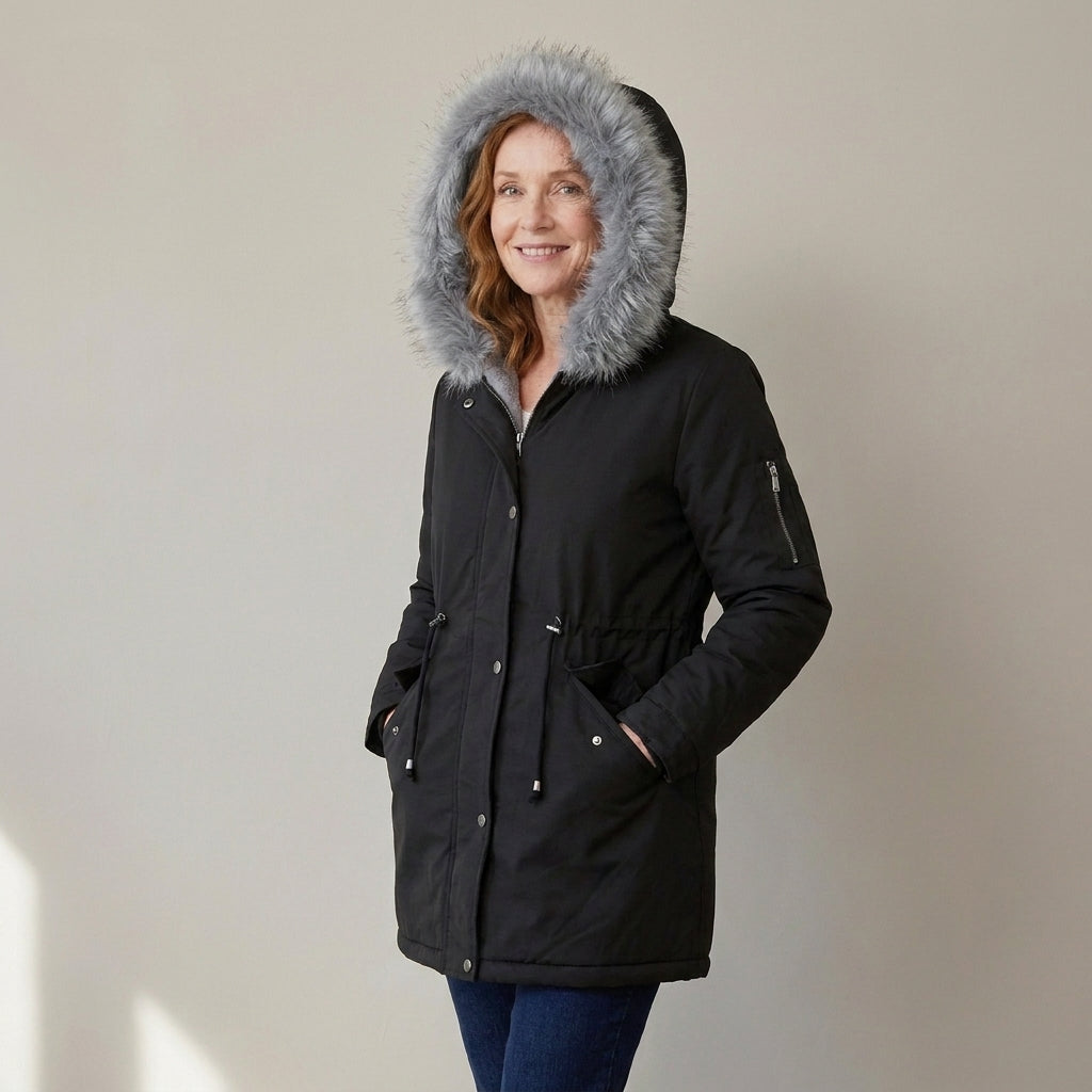 Women's Faux Fur Hooded Winter Parka, Fleece Lined – Black