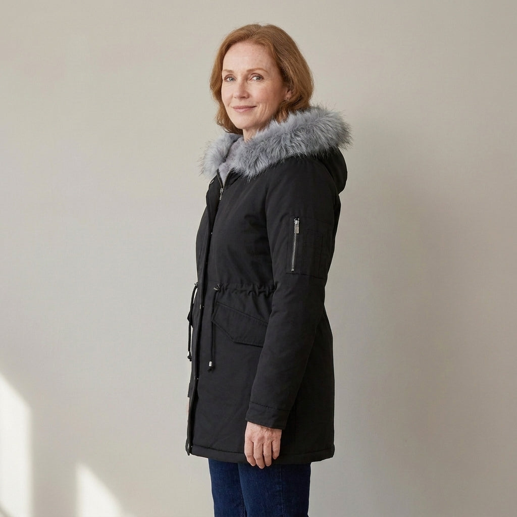 Women's Faux Fur Hooded Winter Parka, Fleece Lined – Black