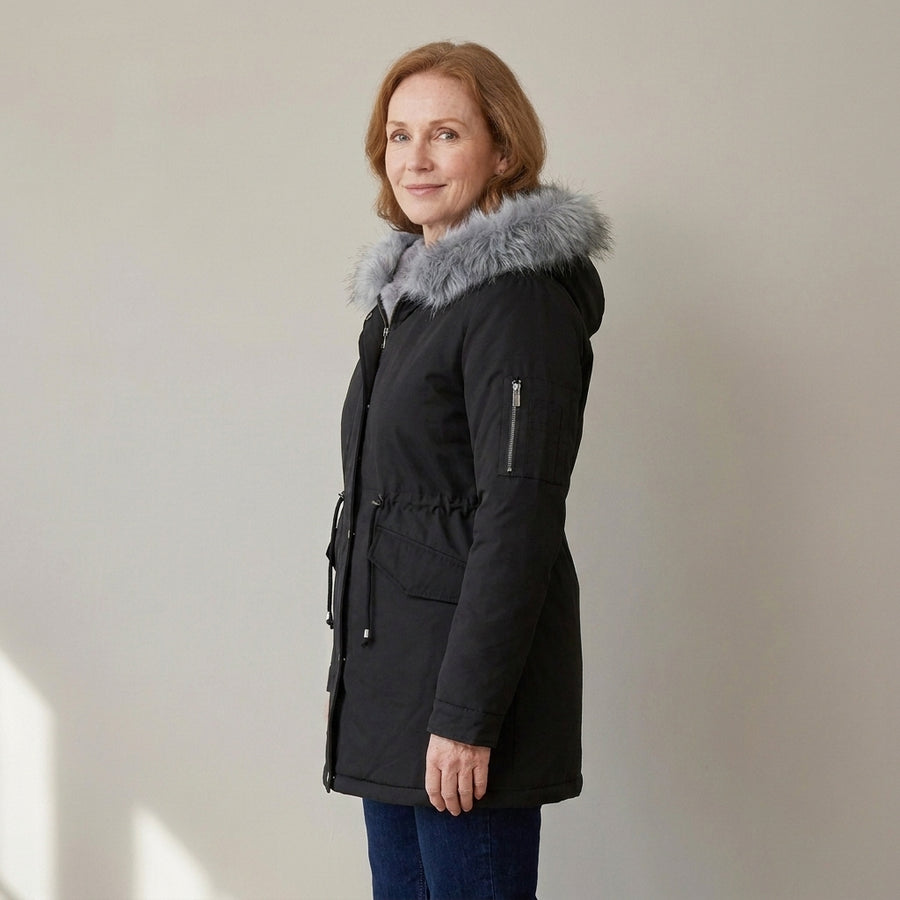 Women's Faux Fur Hooded Winter Parka, Fleece Lined – Black