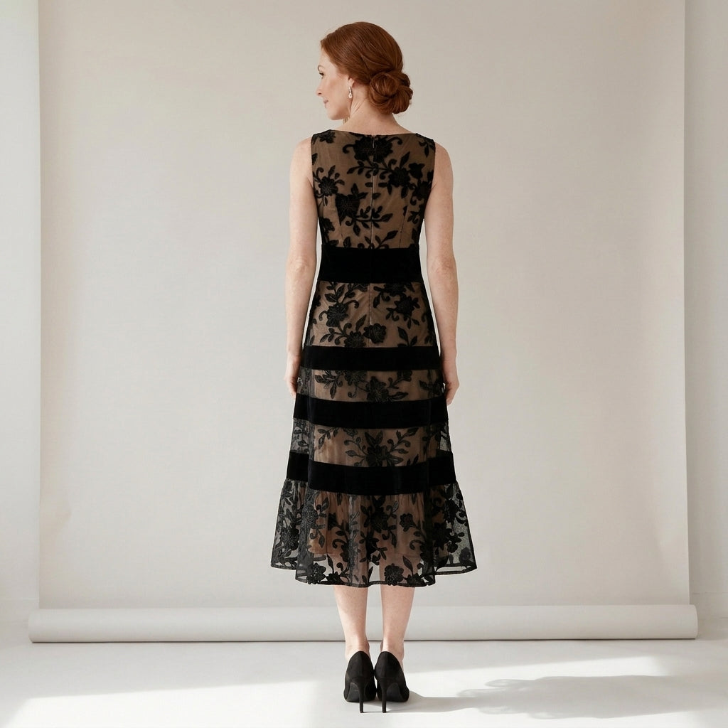 Women's Christmas Party Midi Dress, Floral Mesh – Black