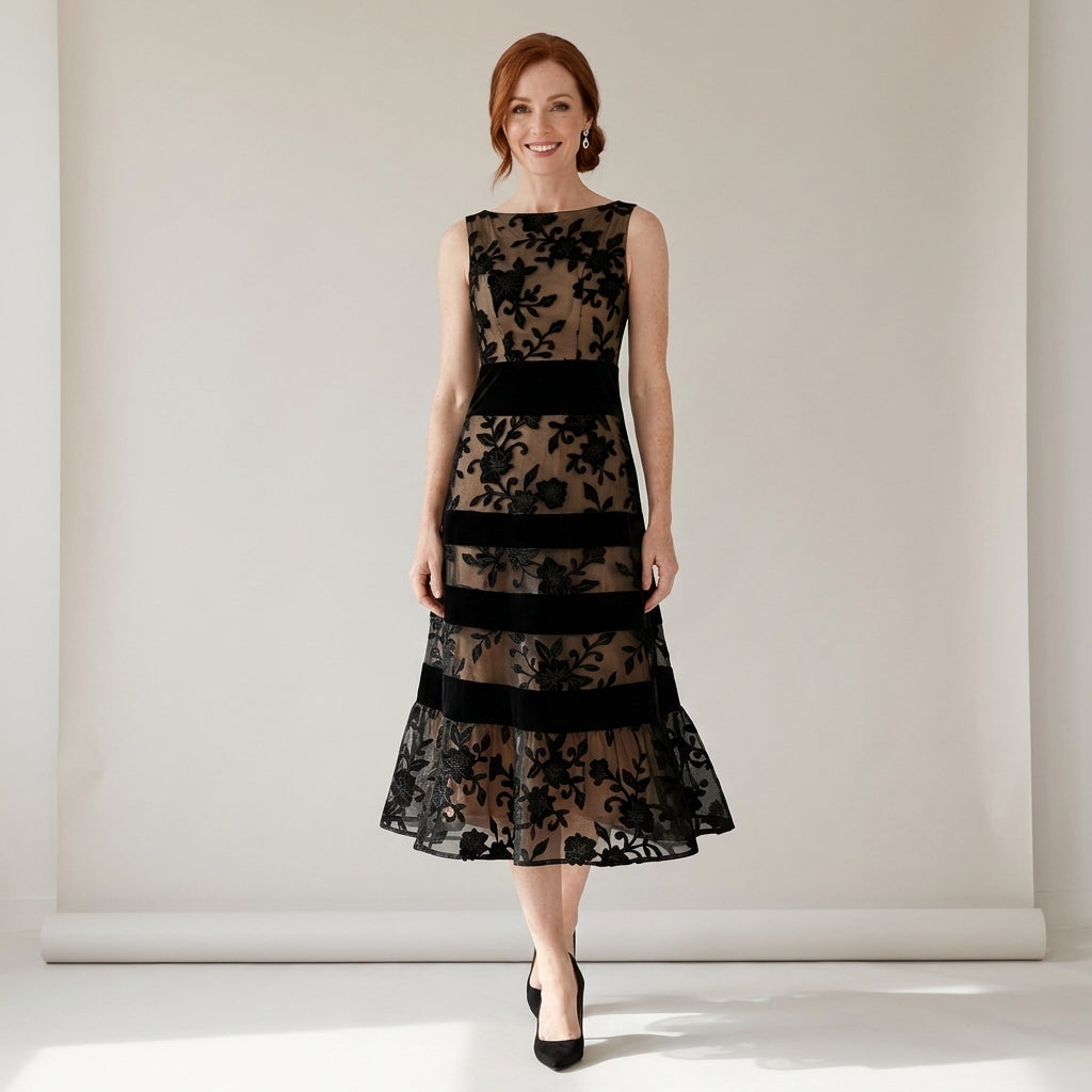 Women's Christmas Party Midi Dress, Floral Mesh – Black