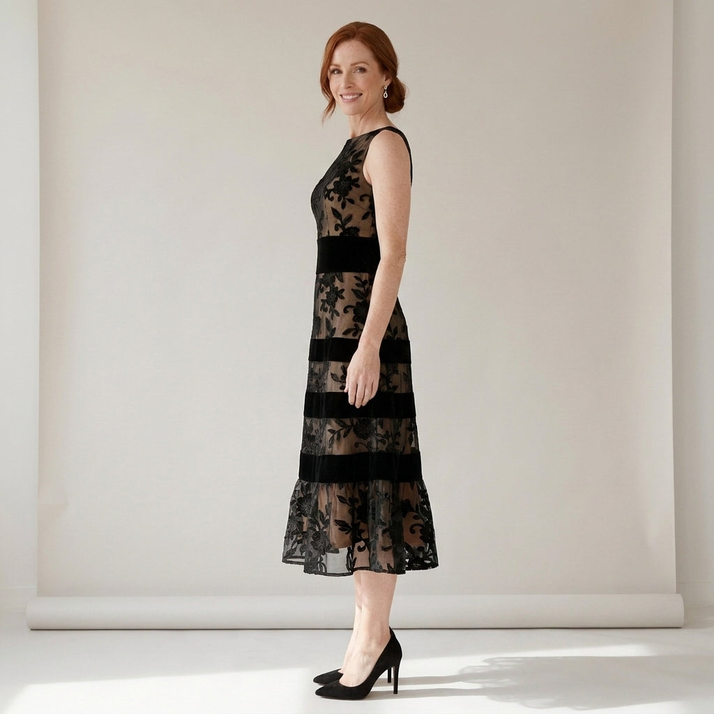 Women's Christmas Party Midi Dress, Floral Mesh – Black