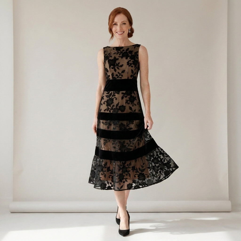 Women's Christmas Party Midi Dress, Floral Mesh – Black