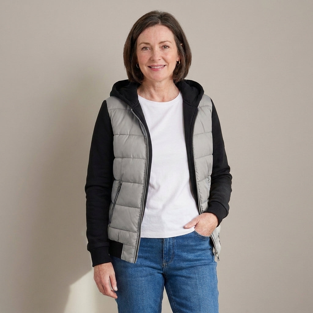 Women's Quilted Hooded Hybrid Jacket – Khaki & Black