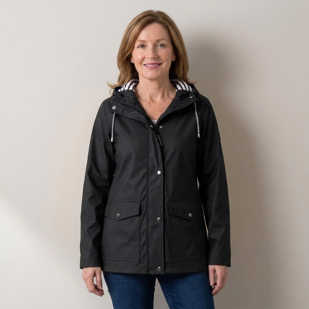 Women's Hooded Rain Jacket – Windproof & Waterproof Raincoat with Striped Lined Hood & Snap Pockets