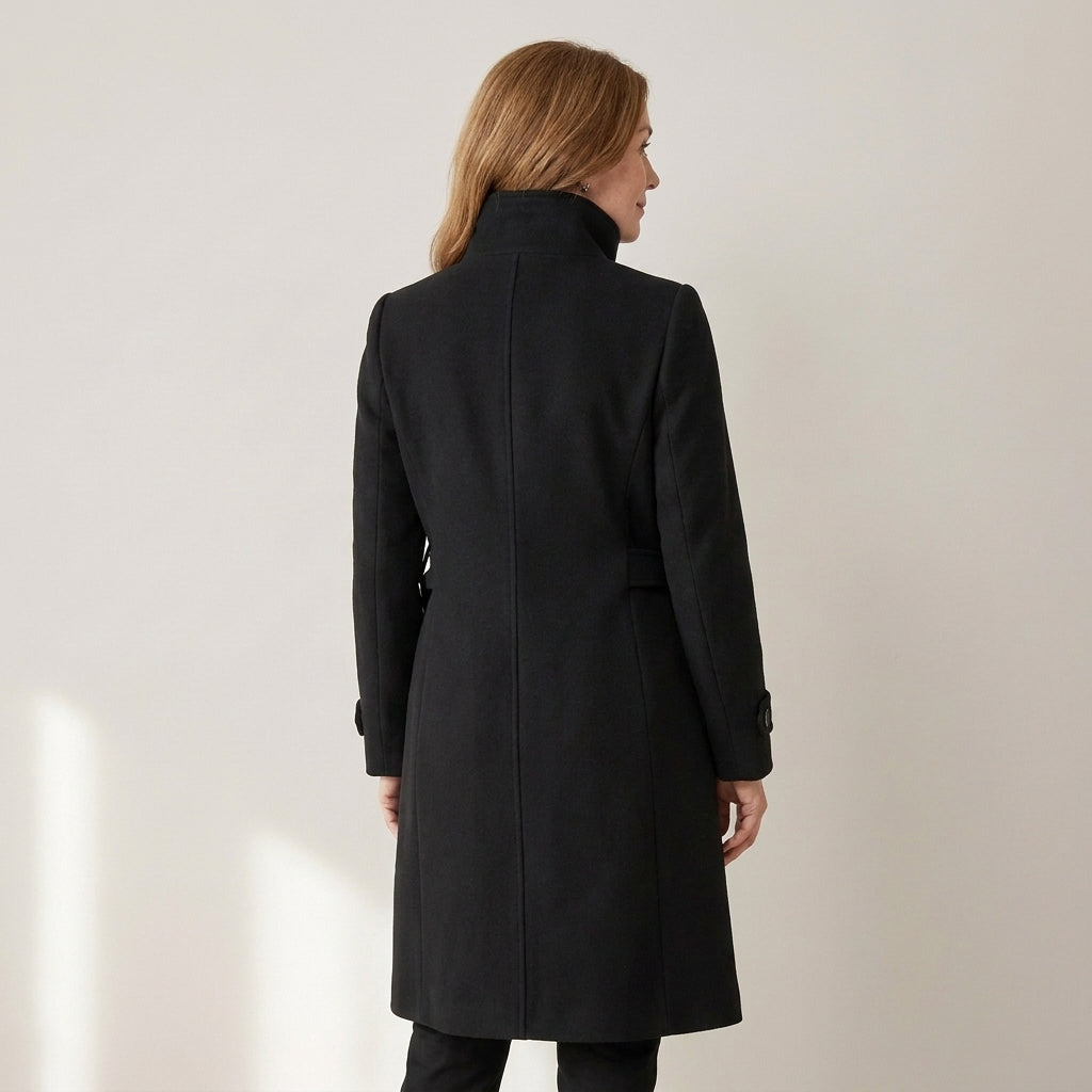 Women's Long Wool Blend Winter Coat – Double-Breasted with High Stand Collar & Belt