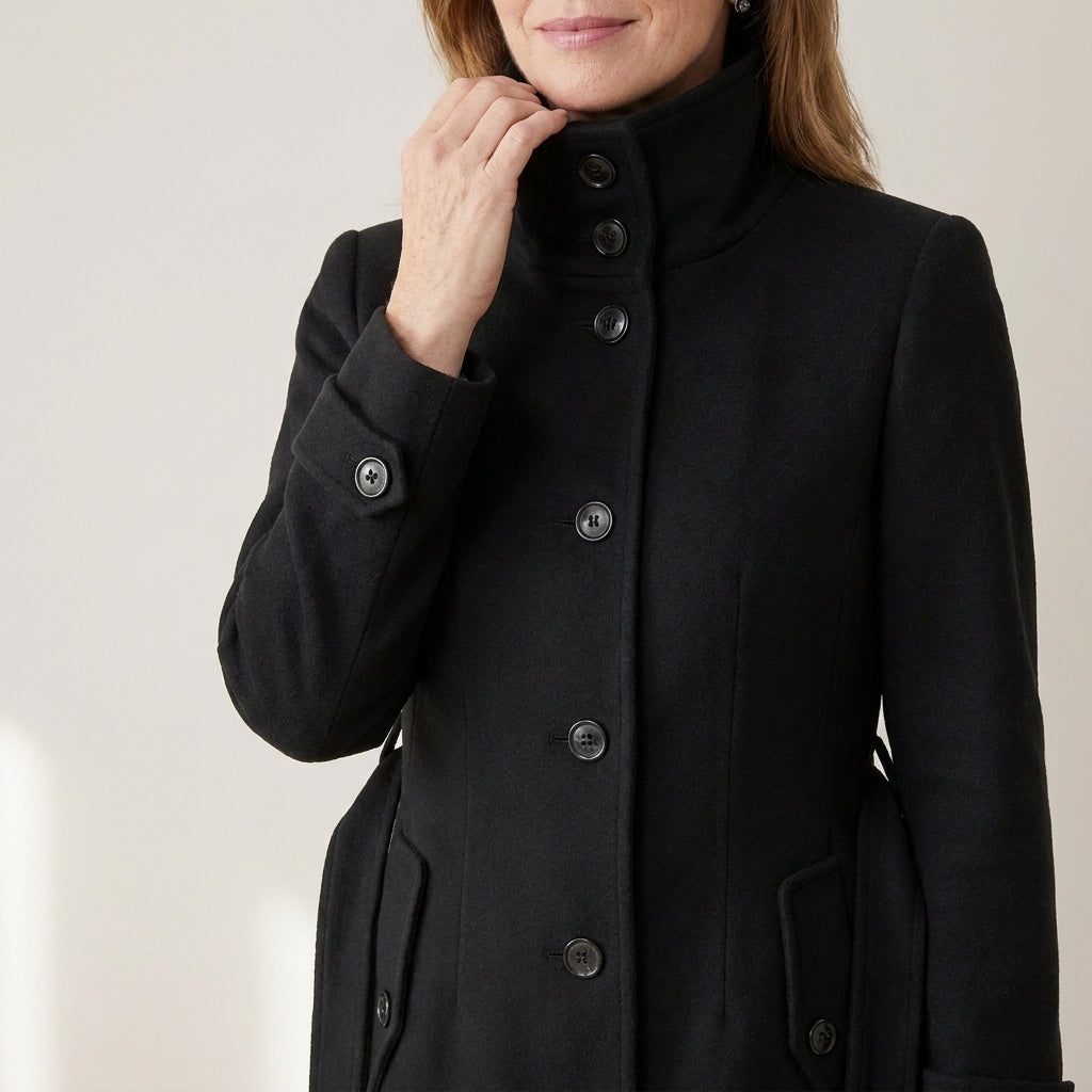 Women's Long Wool Blend Winter Coat – Double-Breasted with High Stand Collar & Belt
