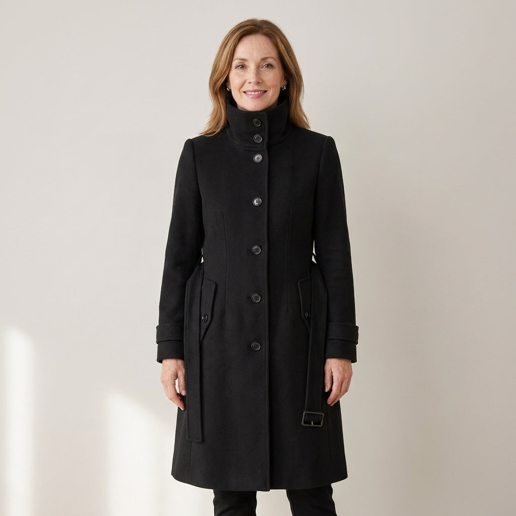 Women's Long Wool Blend Winter Coat – Double-Breasted with High Stand Collar & Belt