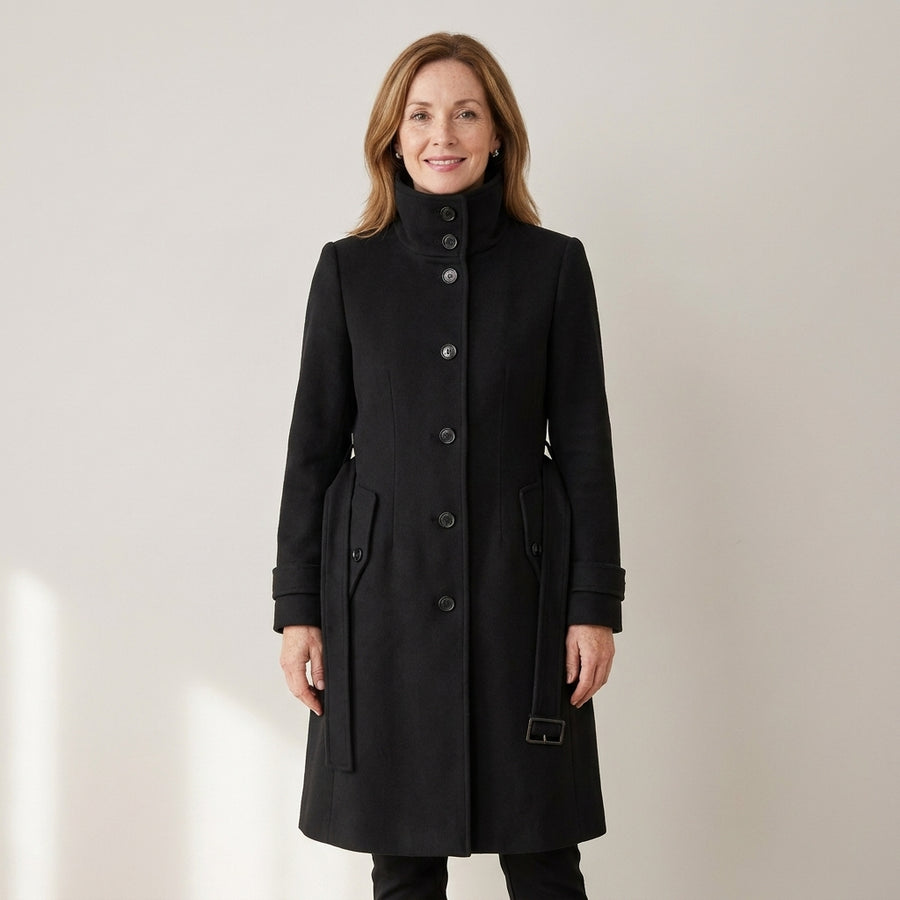 Women's Long Wool Blend Winter Coat – Double-Breasted with High Stand Collar & Belt
