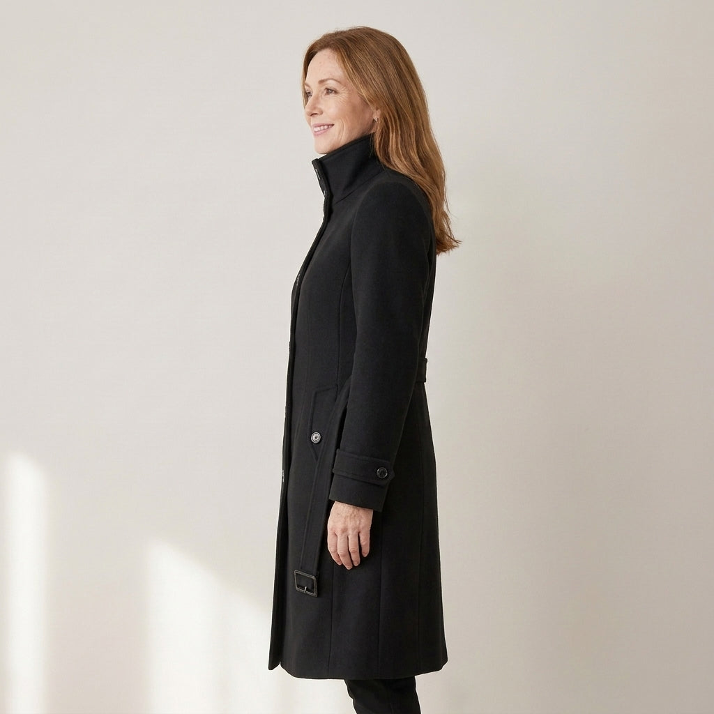 Women's Long Wool Blend Winter Coat – Double-Breasted with High Stand Collar & Belt