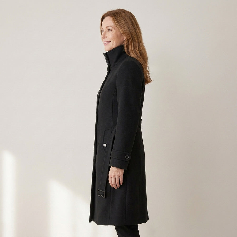 Women's Long Wool Blend Winter Coat – Double-Breasted with High Stand Collar & Belt