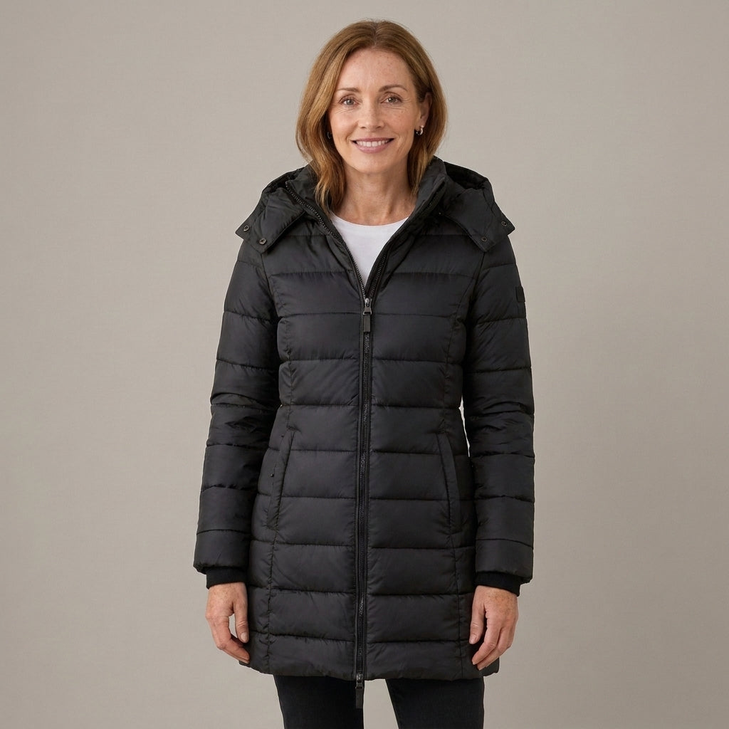 Women's Longline Quilted Puffer Coat with Detachable Hood – Fitted Padded Winter Jacket – Navy