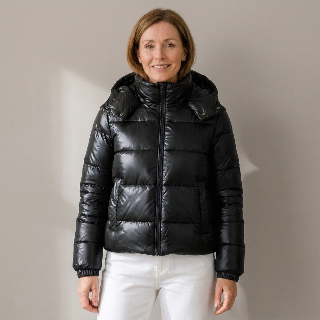 Women's Short Glossy Puffer Jacket with Hood – Quilted Padded Winter Coat – Navy