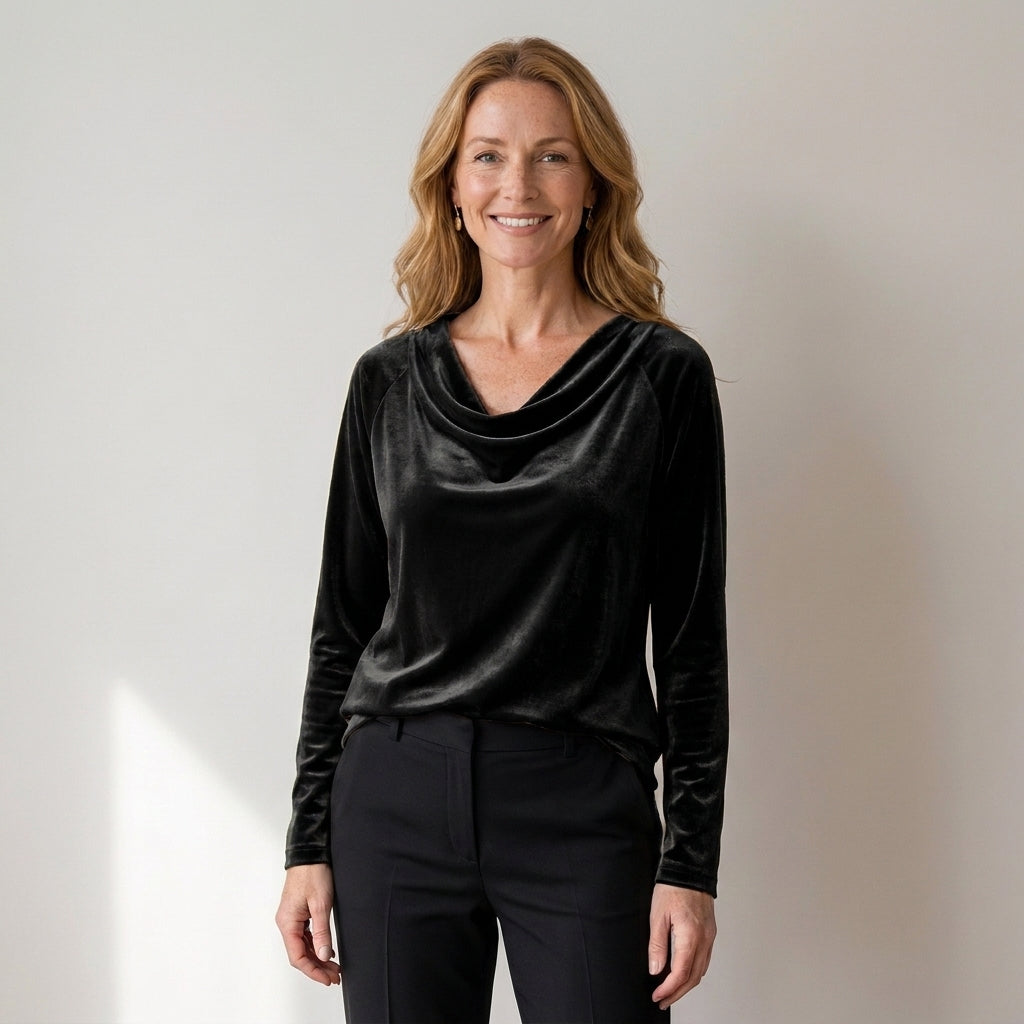 Women's Velvet Cowl Neck Top, Long Sleeve – Gold
