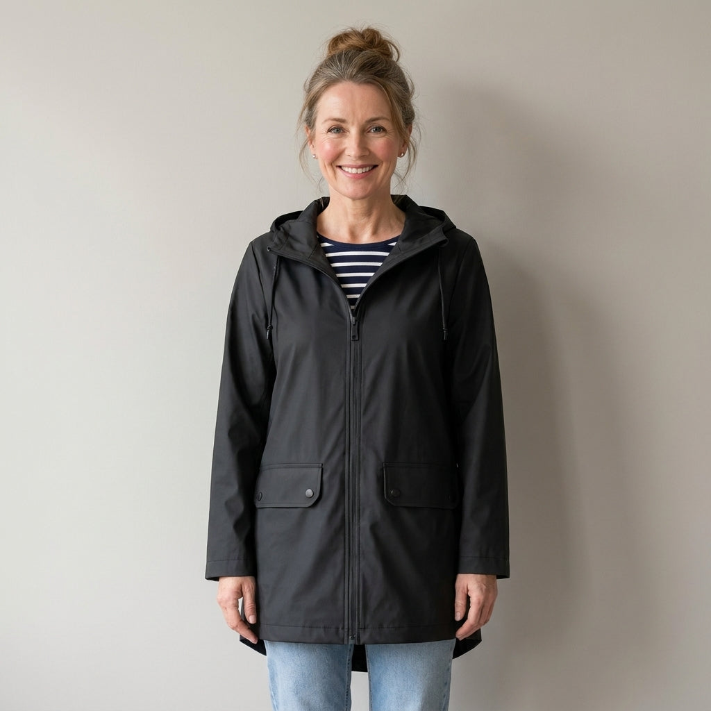 Women's Waterproof Hooded Rain Jacket, Lightweight – Black