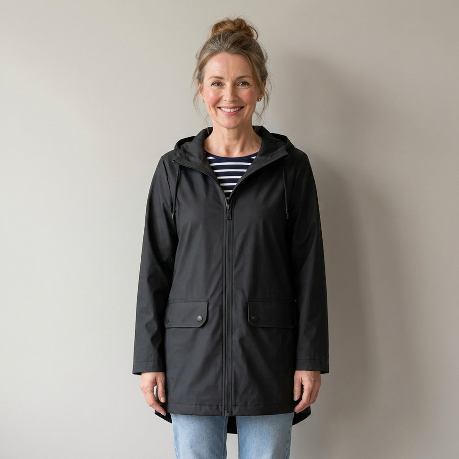 Women's Waterproof Hooded Rain Jacket, Lightweight – Black