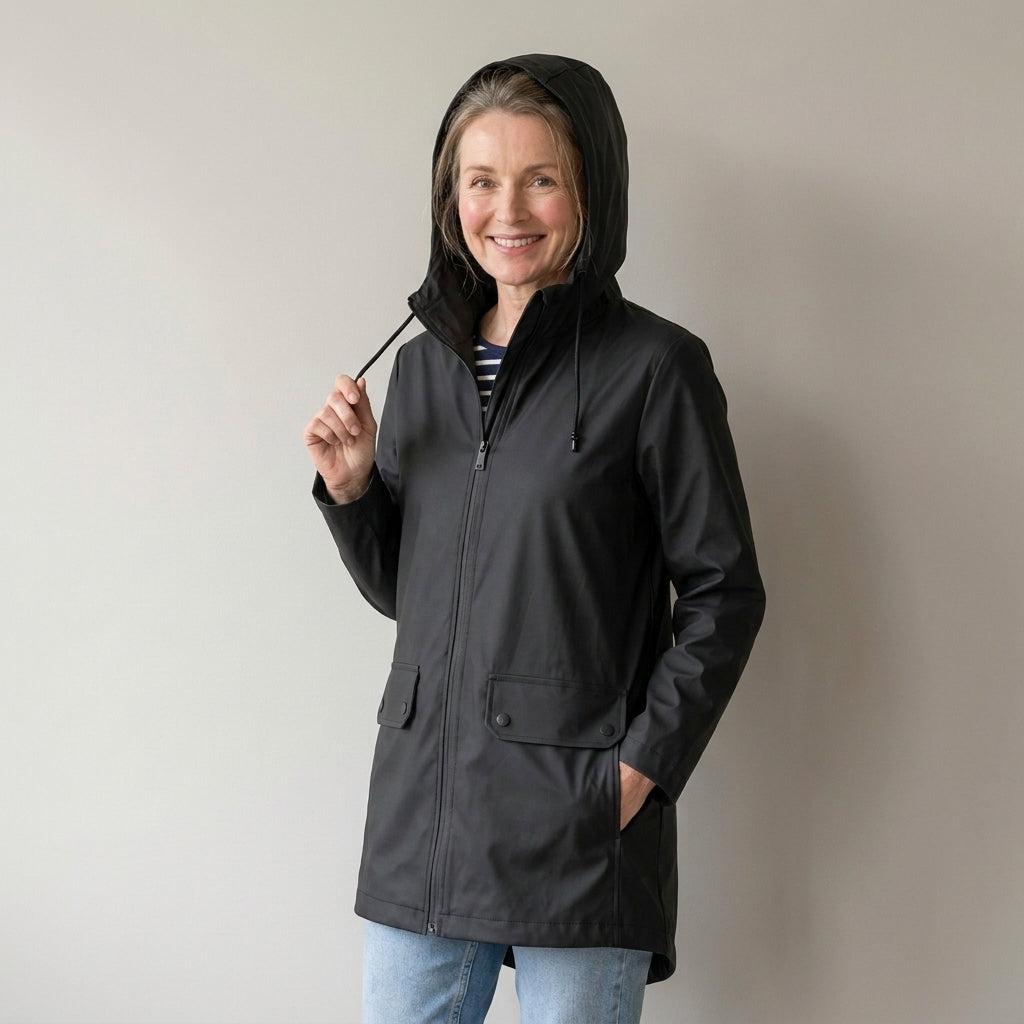 Women's Waterproof Hooded Rain Jacket, Lightweight – Black